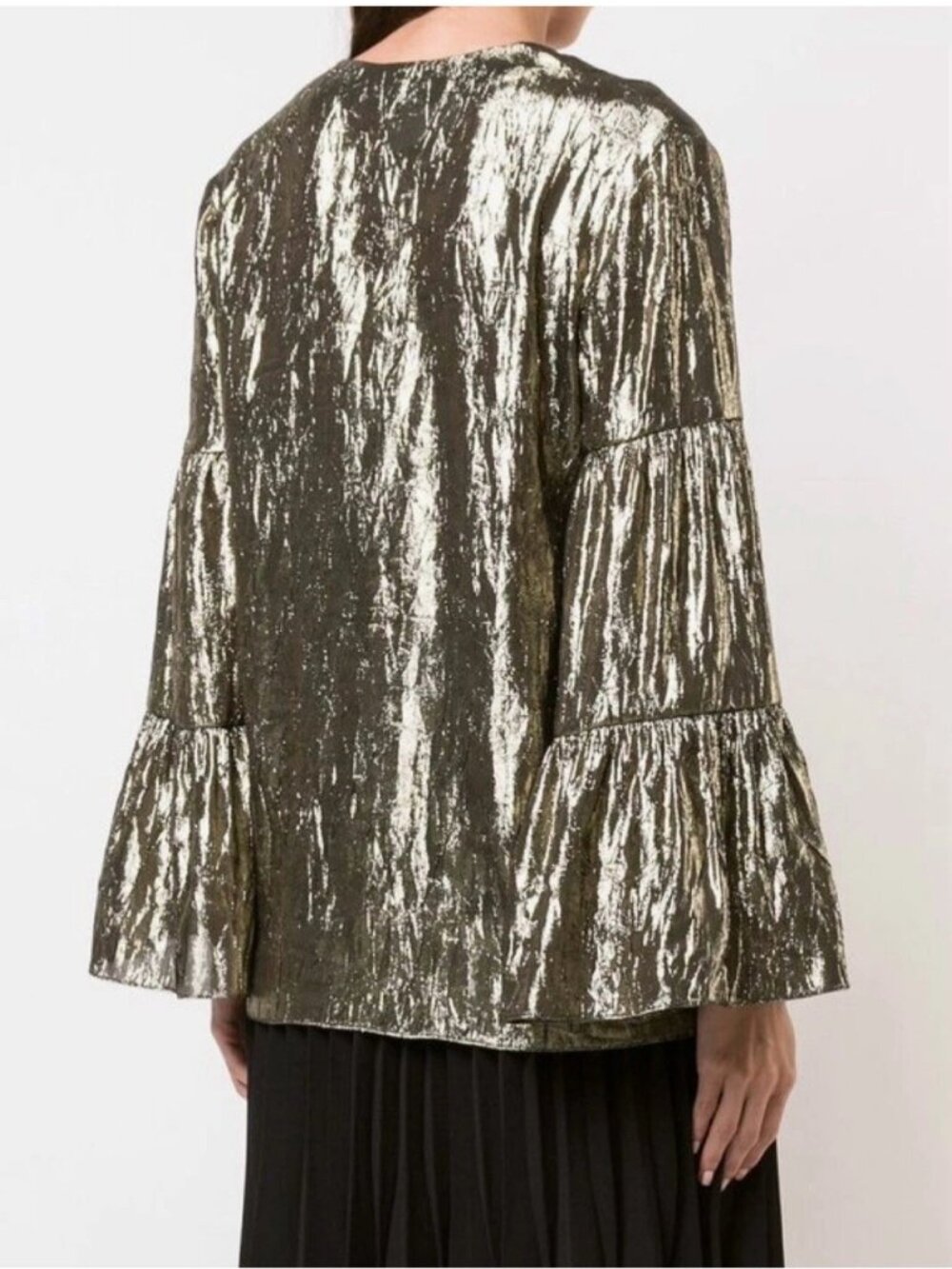 Michael Kors Collection Resort 2019 Runway Bell-Sleeve Crushed-Lame Peasant Top - Picture 14 of 14